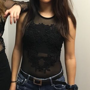 Floral mesh strappy back thong bodysuit